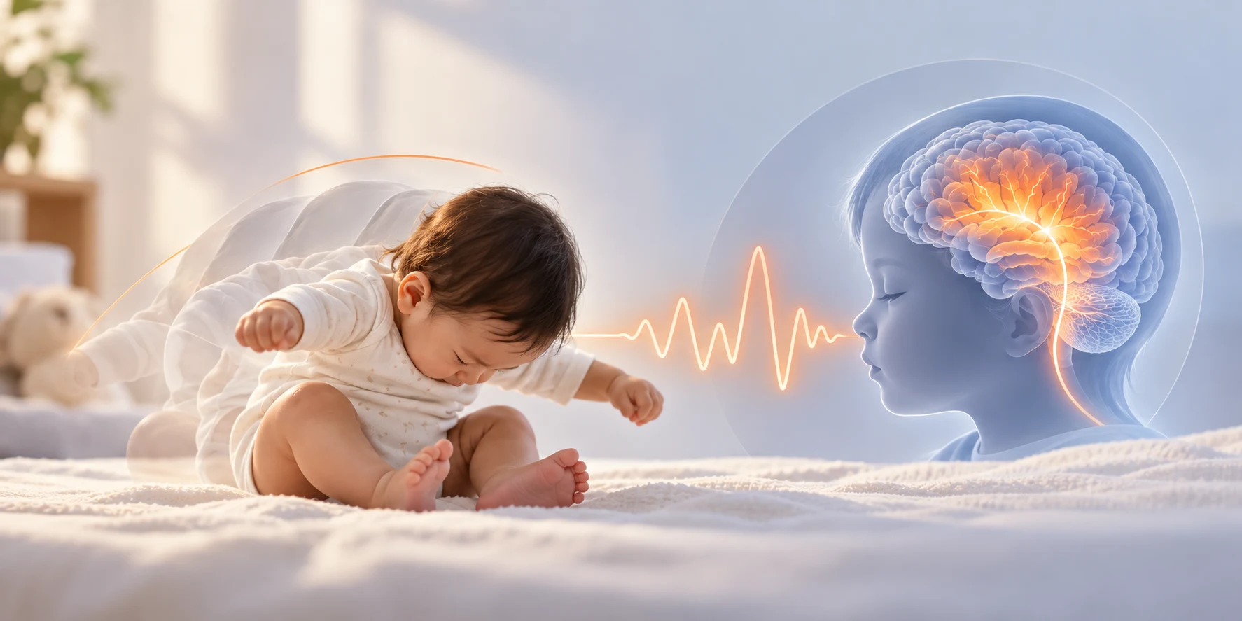 Infant experiencing epileptic spasms with repeated jerking movements alongside a brain and EEG illustration representing abnormal seizure activity