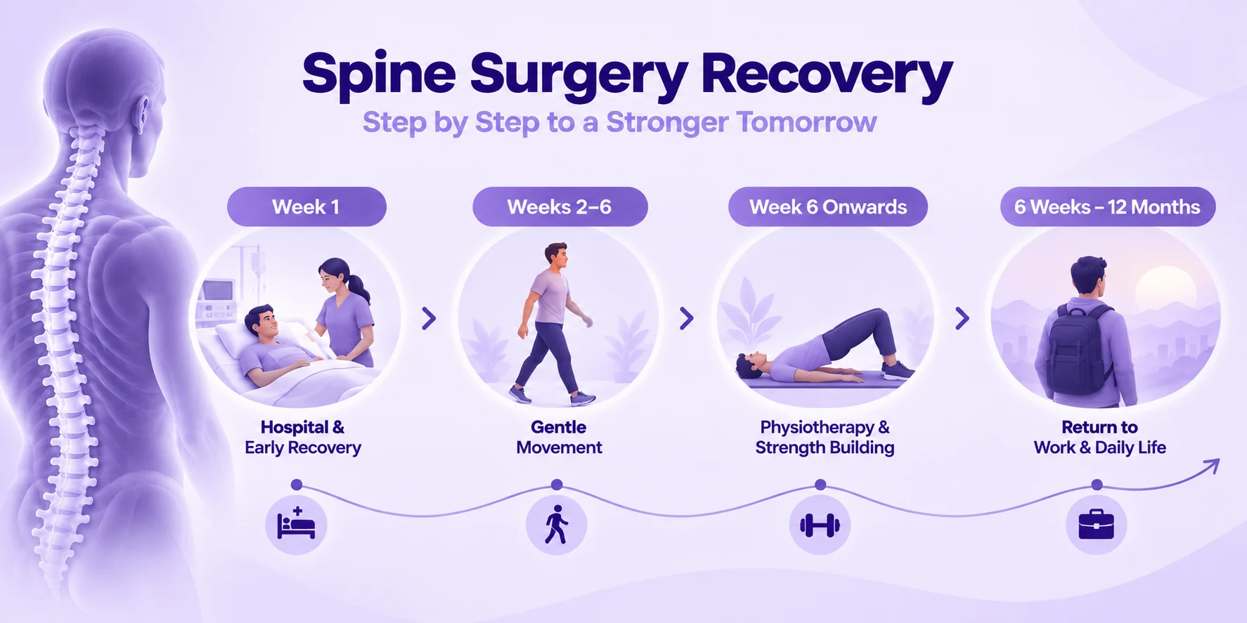 Spine surgery recovery timeline showing hospital recovery, gentle movement, physiotherapy, and return to daily activities.